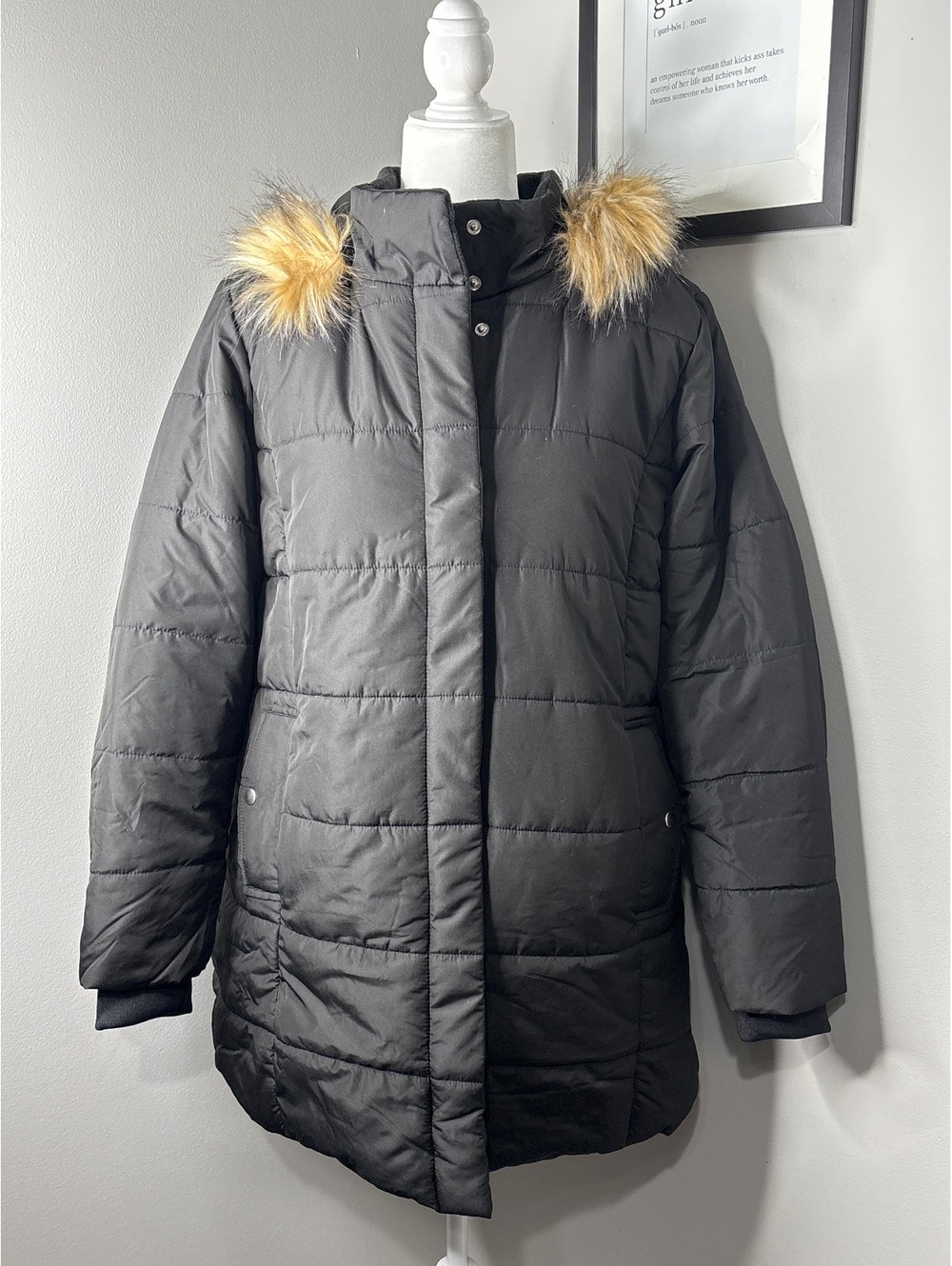 Roaman's Women's Black Faux Fur Trim Hooded Puffer Coat, Size Large 18/20